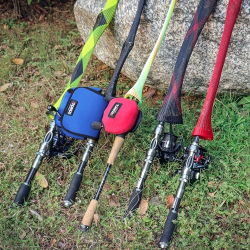 RUNCL Fishing Rod Sleeves & Reel Bags, Spinning/Casting Rod Socks & Spinning/Baitcasting Reel Covers - Protection Solution, Space Saver, Perfect Storage - Fishing Pole Sleeves & Reel Pouch (2 Pack) - color: Spinning Rod Sleeves*2pcs+Reel Bags*2pcs,(Red &