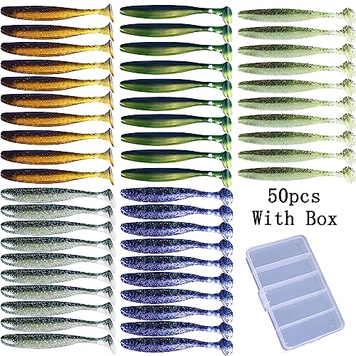 Paddle Tail Swimbaits,Soft Plastic Fishing Lures Swim Baits for Bass Fishing,30/50pcs with Box,Soft Plastic Swimbaits for Bass Trout Crappie Lures Kit for Saltwater Freshwater - color: B:2.75in/0.077oz-50pcs