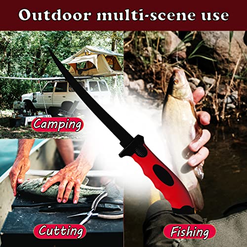 Fishing Fillet Knife Set, 7 Inches Professional Stainless Steel Blade Filet Knife for Fish, with Sharpener and Cutting Resistant Gloves, Fishing Gear, Fishing Tool Set, Red - color: Red