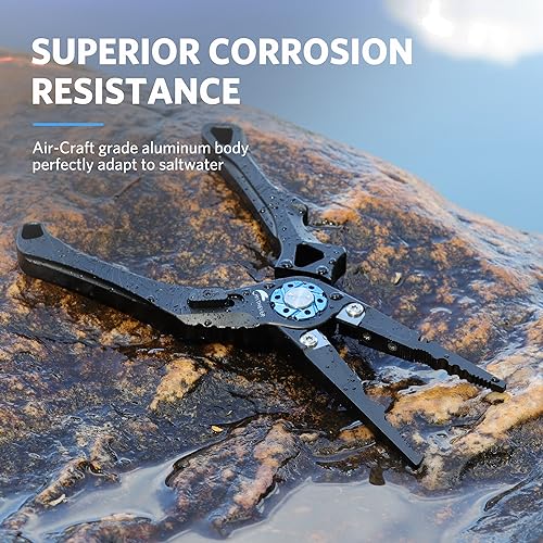 Saltwater Fishing Pliers, Split Ring Pliers for Fishing with Safety Lock, Fish Pliers with Sheath and Lanyard, Fishing Gifts for Men - color: C-black
