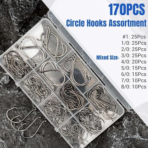170Pcs Octopus Circle Hooks for Catfish Fishing, 9 Sizes Assorted | Offset Circle Design, Sharp Barbed, Sturdy Catfish Hooks, Freshwater & Saltwater, Sizes: 1# 1/0 2/0 3/0 4/0 5/0 6/0 7/0 8/0