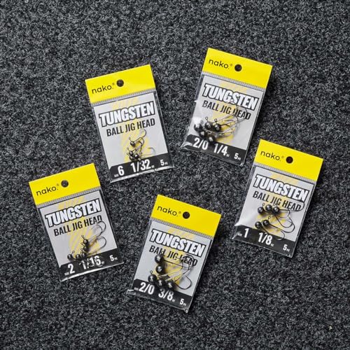 Nako 200% Sensitive Tungsten Ball Jig Heads - 5 Pack - No Chip Black - Tungsten Fishing Jig Heads, 1/32, 1/16, 1/8, 3/16, 1/4, 3/8oz, Damiki Rig Jig Heads - size: 3/16 oz - #2 Hook - 5 Pack