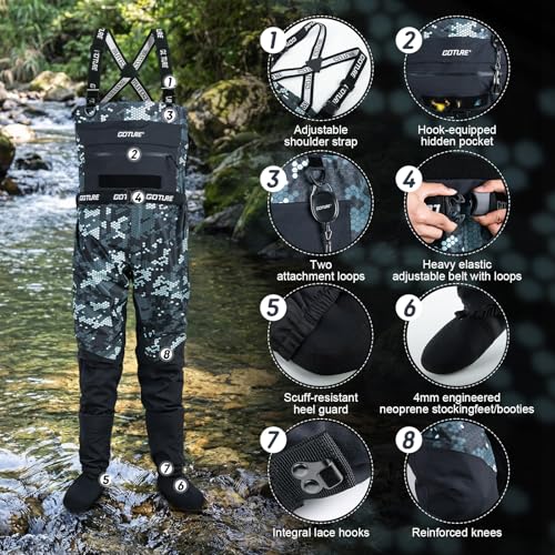 Goture 5-Layer Waterproof Stocking Foot Waders, Breathable Fly Fishing Waders for Men Women, Multiple Storage Pockets 5 Sizes - color: Camo - Gift Box Pack, size: Small