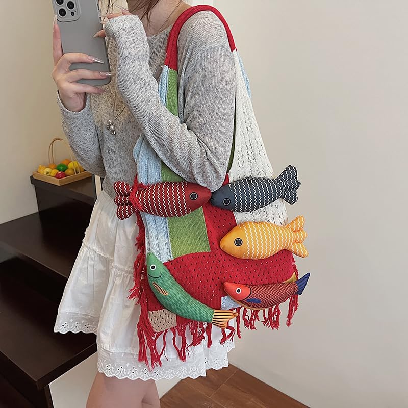 Bohemian style travel handbag for women large-capacity woven bag vacation beach seaside tote bag crochet purse - color: Red