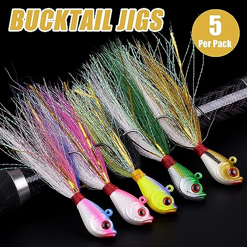 Bucktail Jigs Saltwater Fishing Lures, 5pcs Premium Bucktail Hair Jigs Head Saltwater Striper Lures for Bass Flounder Bluefish Halibut Redfish Surf Fishing 1/4oz 1/2oz 1oz 1.5oz 2oz - color: Green/White, size: 1oz