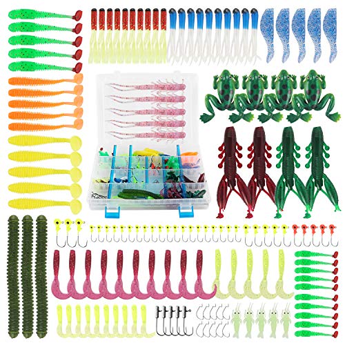 Pure Vie Fishing Topwater Lures Kits Mixed Universal Artificial Soft Baits Tackle Including Crankbaits, Spinnerbaits, Plastic Worms, Frogs, Hooks, Tackle Box - Freshwater Saltwater Fishing Equipment - color: 146 Pieces