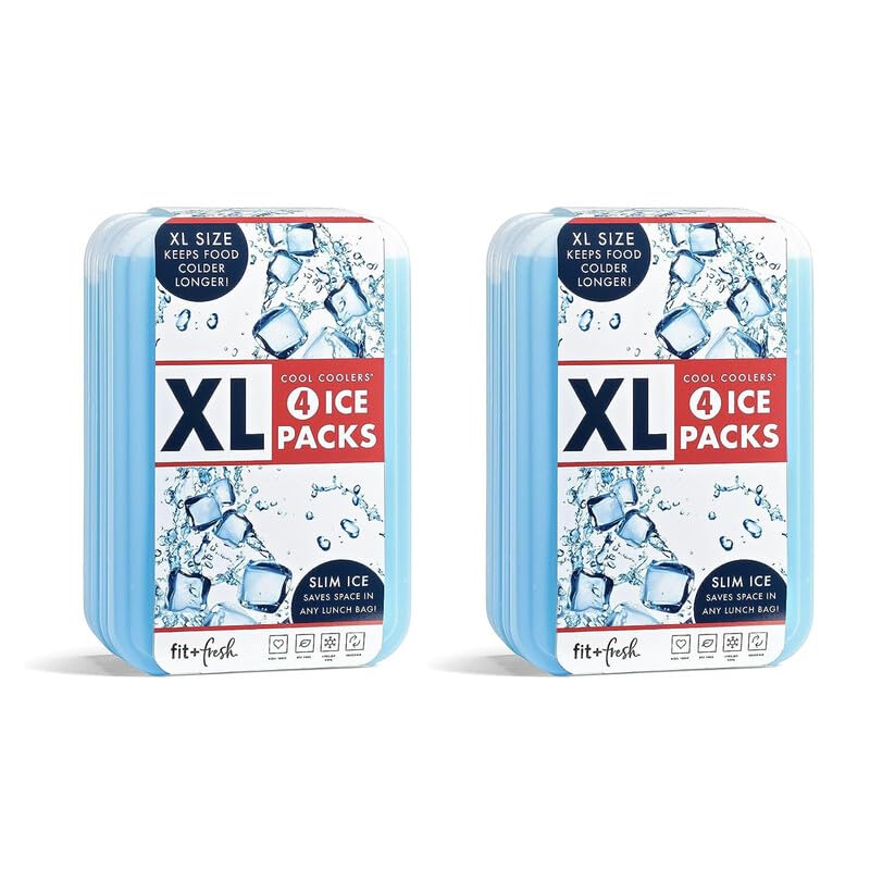 Cool Coolers by Fit & Fresh 4 Pack XL Slim Ice Packs, Quick Freeze Space Saving Reusable Ice Packs for Lunch Boxes or Coolers - color: Blue (8 Pack)