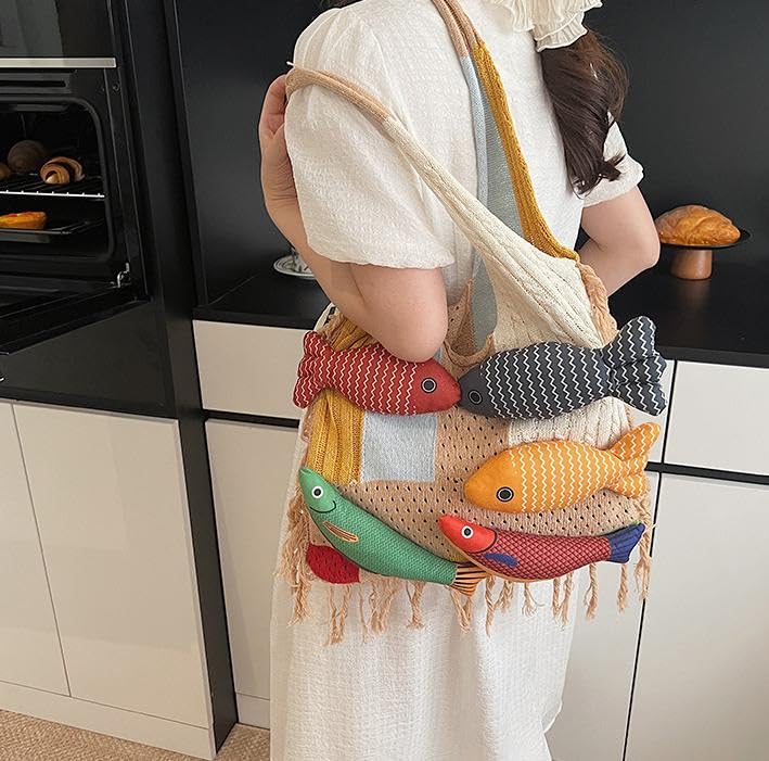 Knitted Beach Shoulder Bag for Women 3D Fish Bohemian Tote Versatile Purse Soft Hobo Handbag for Summer Vacation 2026 - color: A Khaki