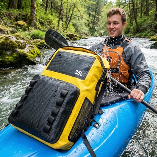 Greencity 100% Waterproof Roll-Top Dry Bag Backpack with Front Splash-Proof Pocket, Lightweight Floating Pack for Kayaking, Hiking & Travel,35L (Yellow-black) - color: Yellow-black