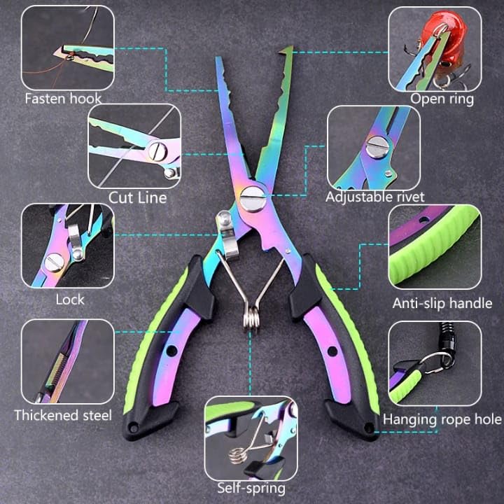 Premium Saltwater & Freshwater Fishing Pliers – Rainbow Titanium-Coated Rust-Resistant Multi-Tool with Tungsten Carbide Line Cutters, Split-Ring Tip, Non-Slip Ergonomic Grip & Coiled Lanyard