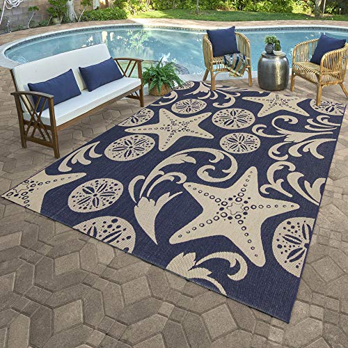 Gertmenian Indoor/Outdoor Flatweave Area Rug - 6x9 Medium, Stain & UV Resistant, Ideal For Deck, Patio, Poolside, Mudroom - Party Starfish Sand Dollar, Navy Blue Sand, 22299 - color: Party Starfish Sand Dollar Navy Blue Tan, size: 6'6" x 9'6" (Rectangular