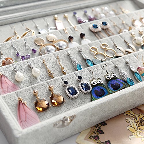 Wudygirl Velvet Jewelry Organizer Clear Lid Earring Holder Organizer 32 Pairs Earrings Storage Stud Tray Showcase Display Case（Earring Storage） - color: Gray, size: Earring