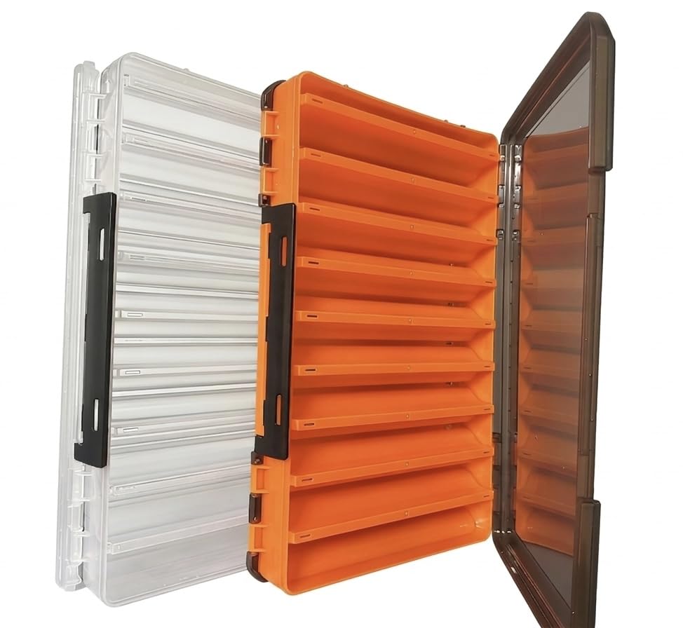Large Fishing Lure Box Organizer - 18 Compartment Double-Sided Fishing Tackle Box, 2 Packs Plastic Clear Storage Case for Crankbaits, Squid Jigs and Baits - color: Orange and White
