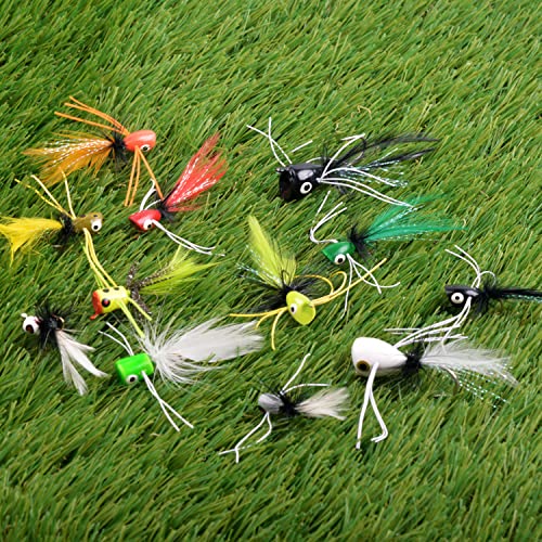 Fly Fishing Popper Lures Kit,Bass Poppers Flies Dry Fly Fishing Flies Panfish Bluegill Popper Bait Bug with Hooks for Freshwater - color: 12pcs Popper Lures Kit