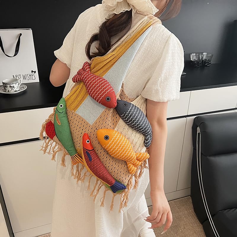 Bohemian style travel handbag for women large-capacity woven bag vacation beach seaside tote bag crochet purse - color: Khaki