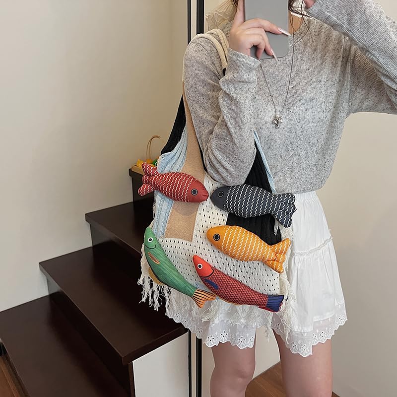 Bohemian style travel handbag for women large-capacity woven bag vacation beach seaside tote bag crochet purse - color: White
