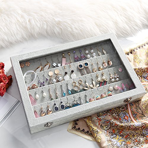 Wudygirl Velvet Jewelry Organizer Clear Lid Earring Holder Organizer 32 Pairs Earrings Storage Stud Tray Showcase Display Case（Earring Storage） - color: Gray, size: Earring