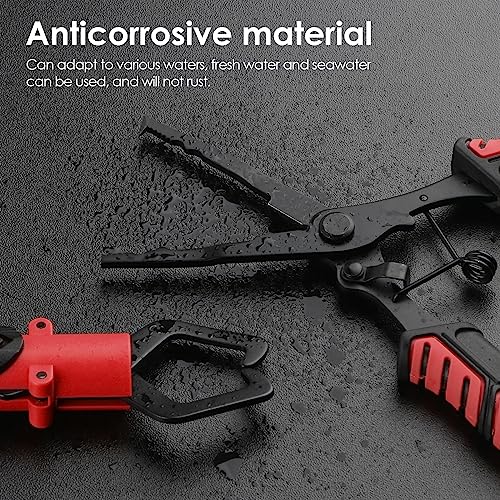 mouhike Fishing Pliers Fish Lip Gripper Fishing Tool Kit Muti-Function Saltwater Fishing Line Cutter Hook Remover with Sheath Lanyard, Fly Ice Fishing Gear Fishing Gifts for Men Women - color: Red & Black