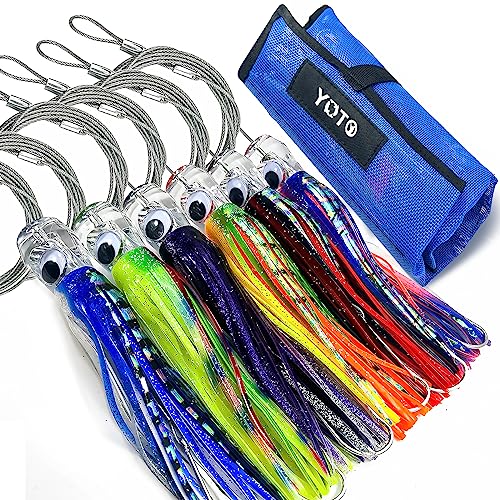 YOTO Trolling Lure Saltwater,6.5/9 inch 6 pcs Squid Skirted Deep Sea Fishing Lure kit,Tuna,Marlin,Wahoo,Shark,Mahi Trolling Fishing Lures - color: 6.5in - 6pcs