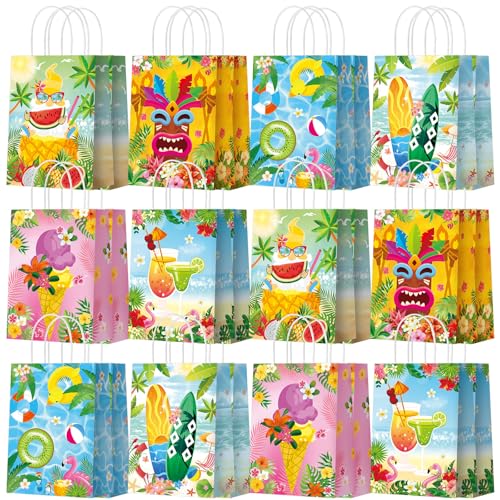 Kosiz 24 Pcs Hawaiian Party Favor Bags Summer Beach Luau Gift Goodie Paper Bags with Handle Aloha Tropical Treat Handbags Tiki Candy Pouch for Hawaii Luau Birthday Party Decoration Supplies - style: Summer