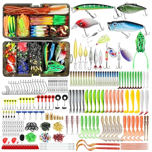 TRUSCEND Complete Fishing Lures - Tackle Box with Tackle Included - Crankbaits, Minnows, Frogs, Vibes, Poppers, Spinners, Spoons, Soft Baits, Hooks & Weights Accessories Kit for Bass Panfish Trout - color: D-340pcs Premium Kit
