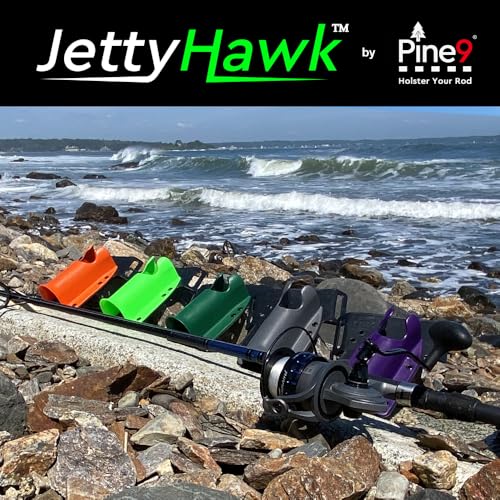 JettyHawk Fishing Rod Hip Holster, Hands-Free Quick-Draw Holder, Fits 1.5-2" Pole, for Spinning, Baitcaster, Centerpin & Surf Rods, Wading & MOLLE Belts - color: Grey w-Black Belt Clip