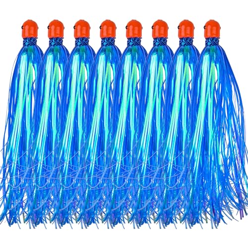 Mylar Skirt Trolling Lures 5.2in Fishing Mylar Skirts Trolling Teasers 3/8 oz Weighted Bullet Head Skirted Trolling Lures with Through-Hole for Mahi Tuna Wahoo Offshore Fishing - color: Blue_8pcs