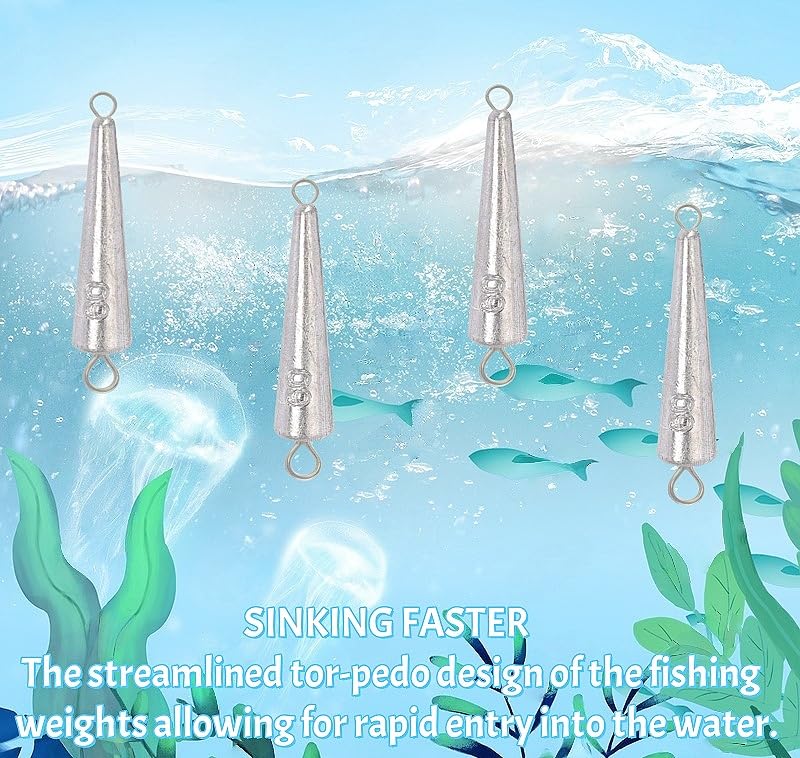 10PCS Fishing Weights Torpedo Sinkers Inline Trolling Sinkers Weights Kit Fishing Sinkers Catfishing Sinkers Saltwater Fishing Torpedo Weights Double Ring Sinkers-1oz(30g) - size: 2.1oz(60g)-8Pcs