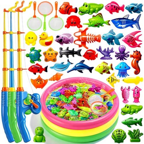 CozyBomB™ Magnetic Fishing Toys Game Set for Kids | Water Table Bathtub Kiddie Pool Party Pole Rod Net, Outdoor Plastic Floating Fish, Toddler Bath Color Ocean Sea Animals Birthday Gift Age 3-5 6 4-8 - size: 46 Fishes, style: 3 Players