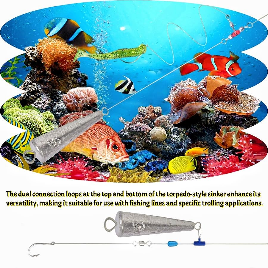 10PCS Fishing Weights Torpedo Sinkers Inline Trolling Sinkers Weights Kit Fishing Sinkers Catfishing Sinkers Saltwater Fishing Torpedo Weights Double Ring Sinkers-1oz(30g) - size: 1.76oz(50g)-8Pcs