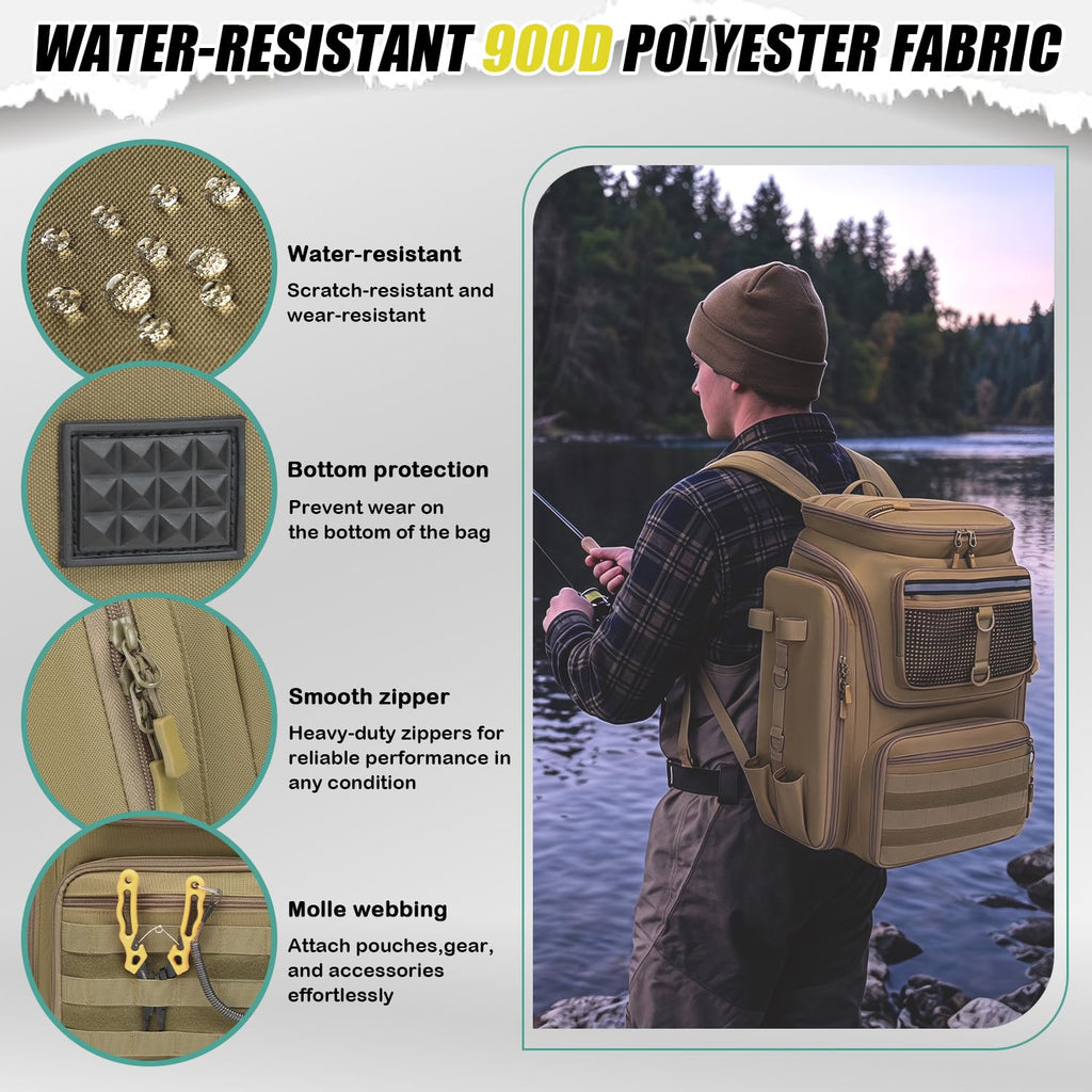 HAMBOLY Fishing Backpack 45L with Rod Holders, Water-Resistant Tackle Backpack for Fishermen, Large Capacity Fishing Gear Bag for Travel Hiking Camping - color: Brown (4 Tackle Boxes Included)