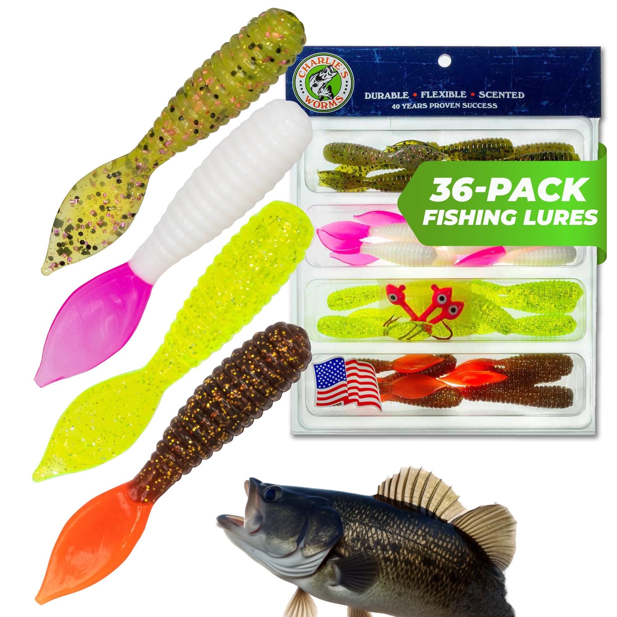 Charlie's Worms Bass Lures Freshwater Fishing Lure - Scented Artificial Softbait for Freshwater & Saltwater Bass Fishing, Swimbait, Softbait - style: Spade Tail Grub W/ Jig Heads (36-piece)